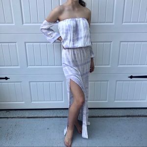 NWOT White & lilac strapless maxi dress w/ sleeves